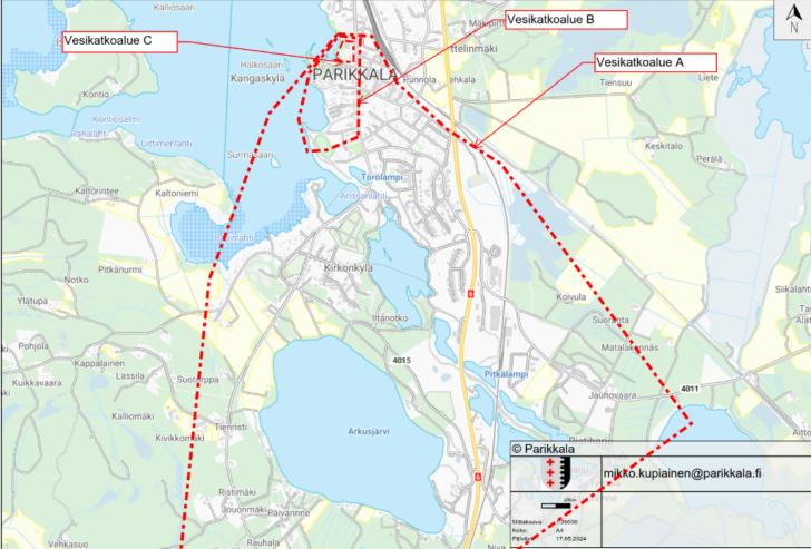 Parikkalan vesikatkoalueen kartta. Kuvituskuva. Kartta on saatavilla Parikkalan kunnan verkkosivuilta.